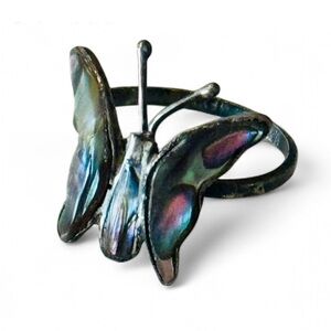 Vintage Sterling Silver Inlaid Abalone Butterfly Cocktail Ring Size 7.5